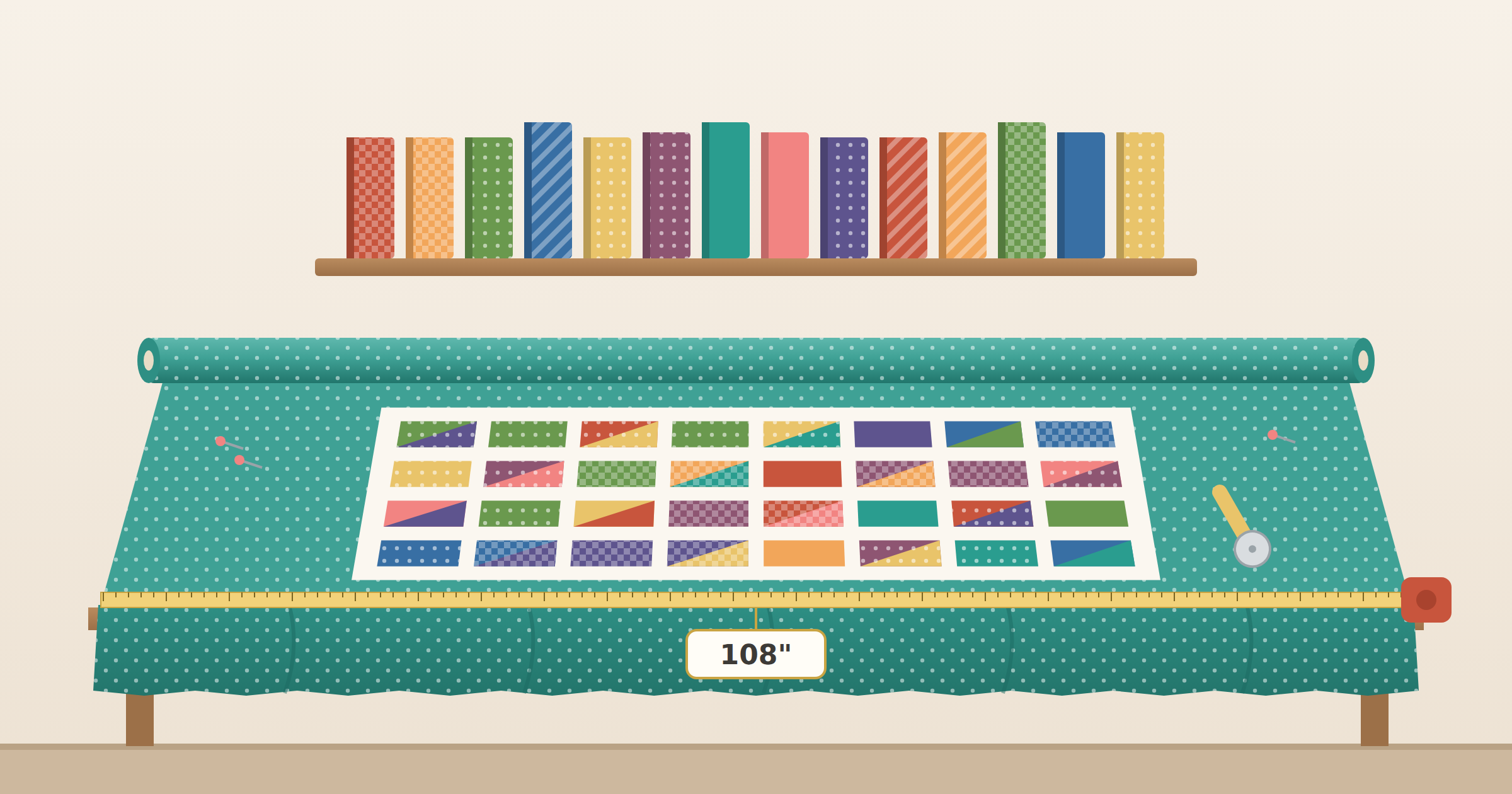 Roll of 108 inch wide quilt backing fabric unrolled across a cutting table under a pieced quilt top, showing one seamless piece of backing wider than the quilt