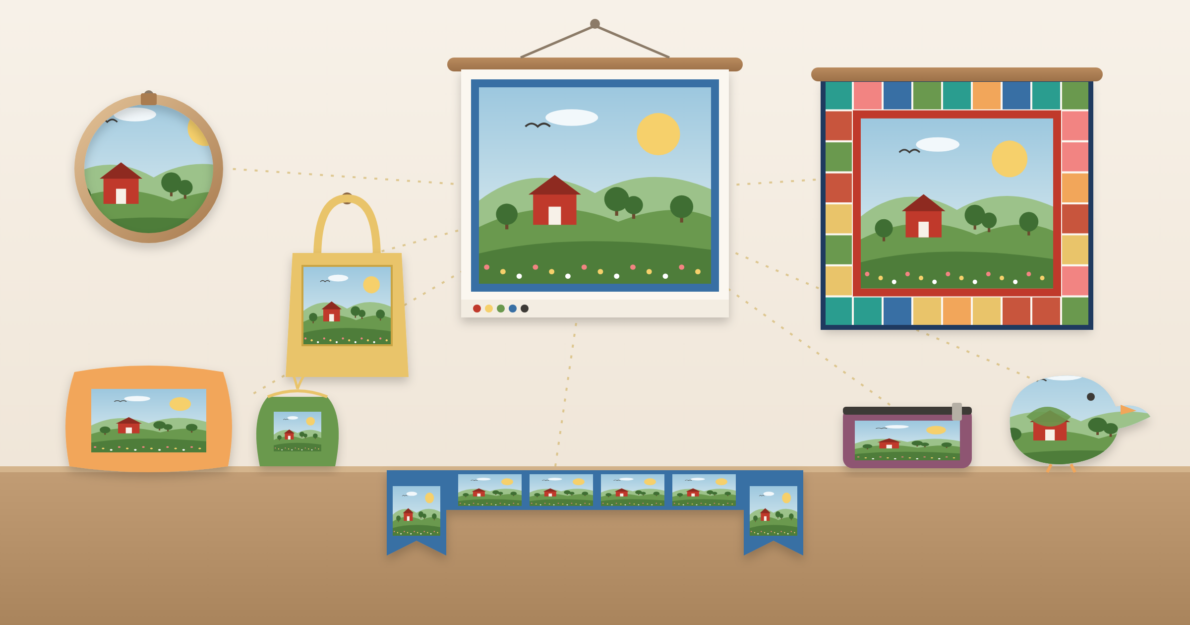 Printed farm scene fabric panel surrounded by projects made from it, including hoop art, a tote bag, a medallion quilt, a pillow cover, a drawstring bag, a table runner, a zip pouch, and a soft toy