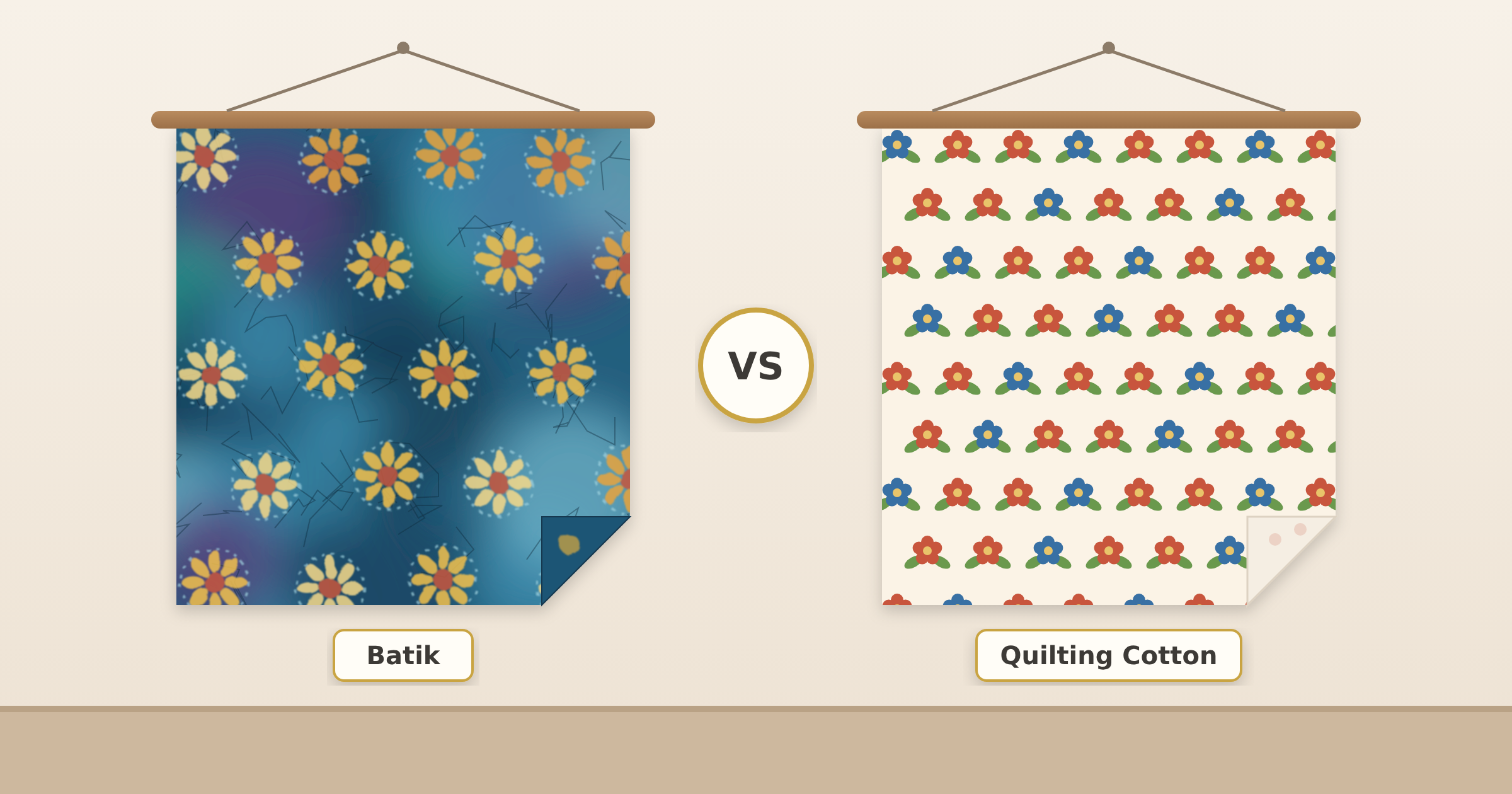 Side by side swatches of batik fabric with a hand dyed blue background and wax resist flowers and printed quilting cotton with a crisp floral repeat, with folded corners showing the batik is dyed through while the cotton is lighter on the back