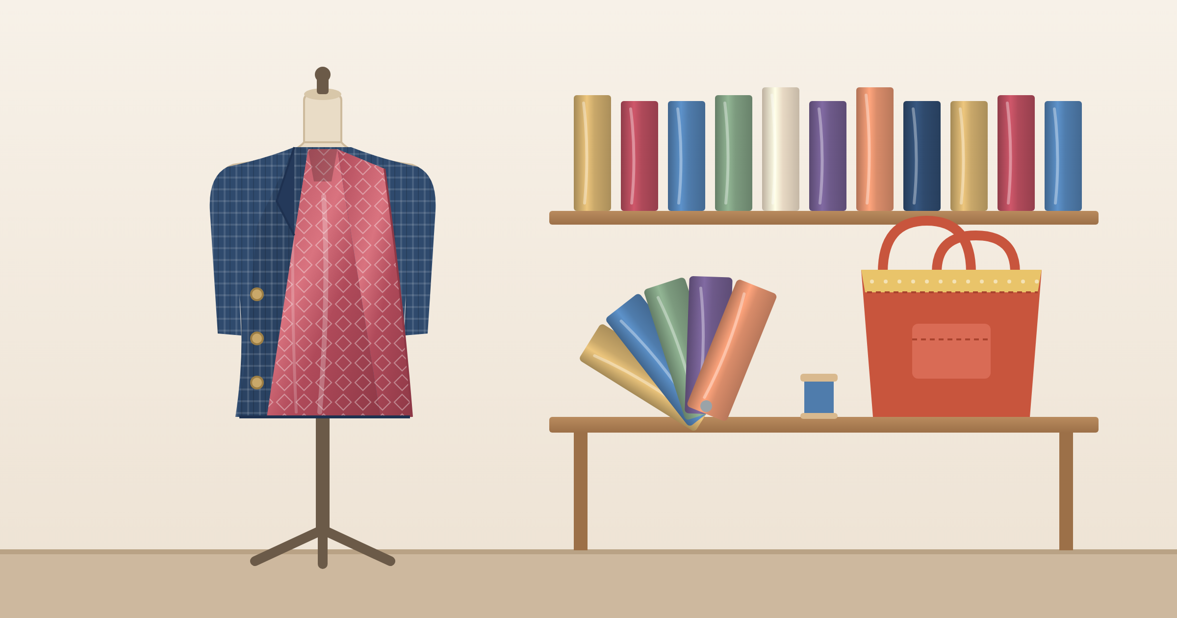 Navy plaid jacket on a dress form open to show a silky rose lining, next to fanned satin lining fabric swatches and a tote bag with a contrasting polka dot lining