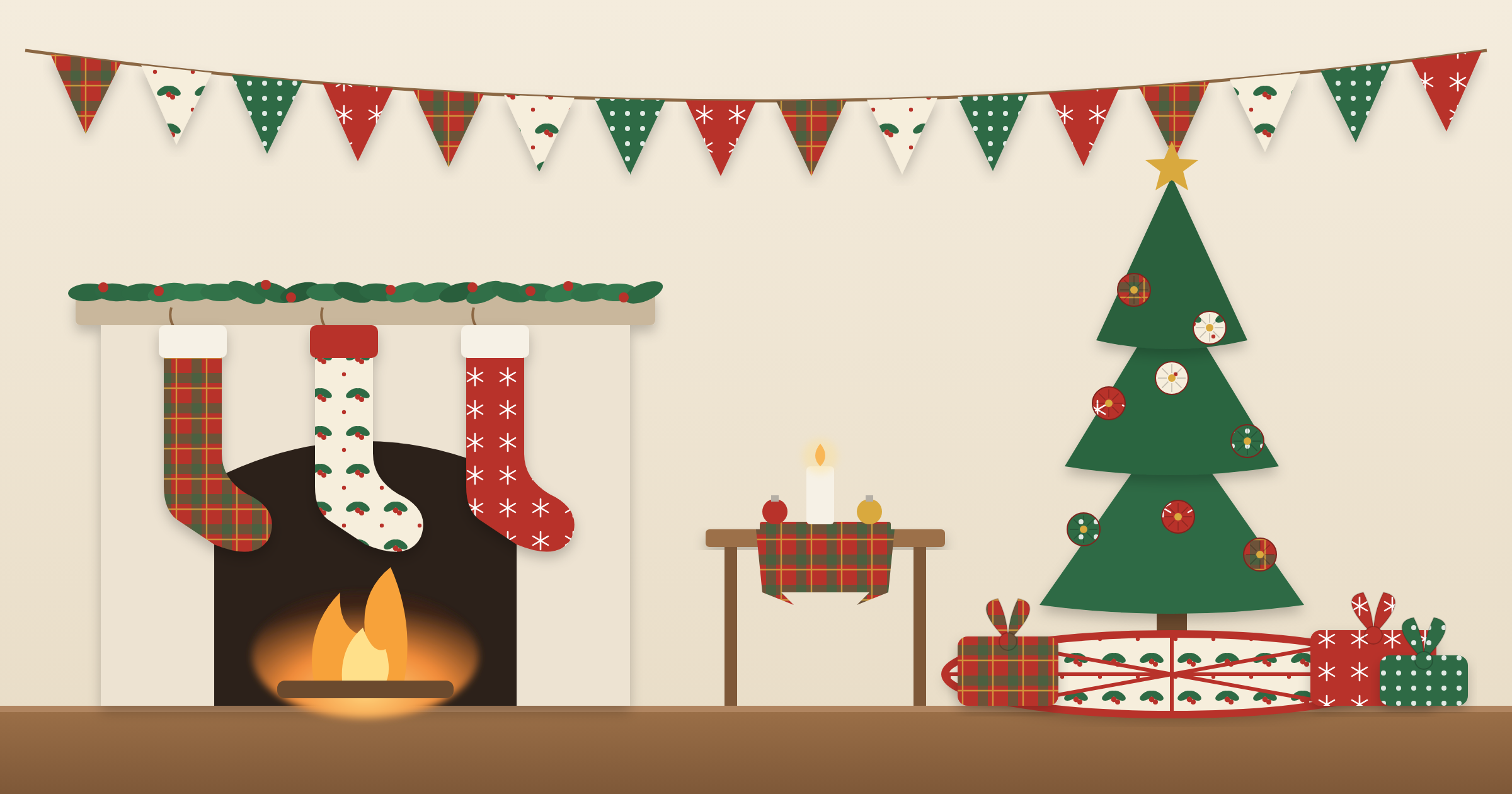 Cozy Christmas room decorated with fabric projects, including a bunting banner, stockings, a plaid table runner, fabric ornaments, a patchwork tree skirt, and fabric wrapped gifts