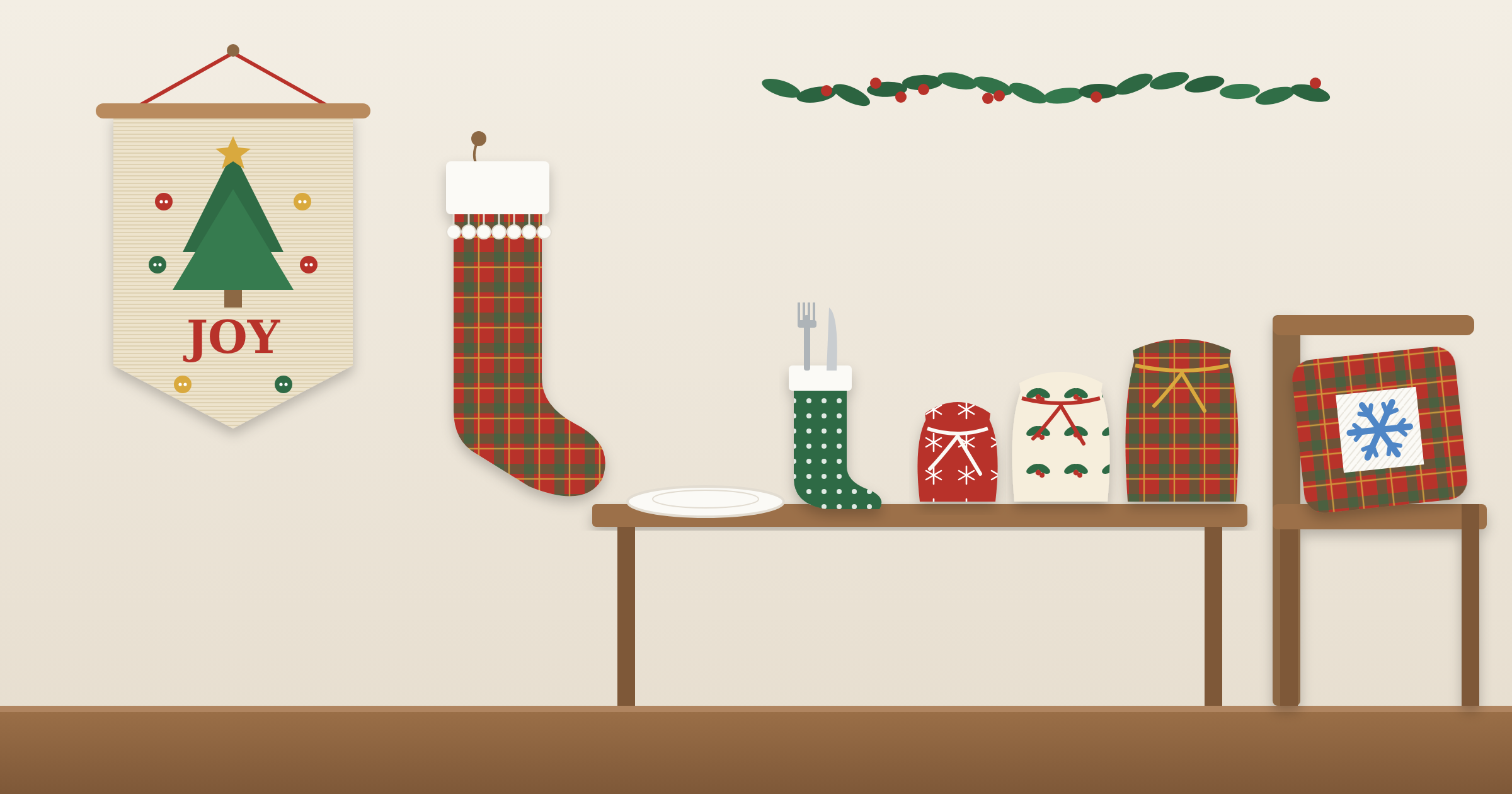Five handmade Christmas sewing projects: a plaid stocking with pompom trim, a canvas JOY banner, a cutlery stocking at a place setting, three drawstring gift bags, and a snowflake pillow on a chair