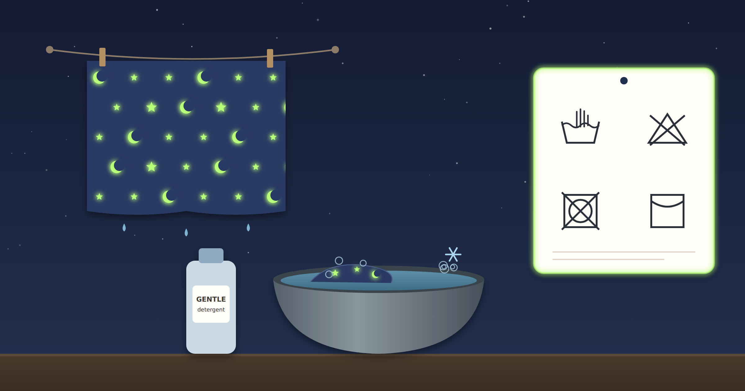 Glow in the dark star and moon fabric drying on a line at night, another piece soaking in cool water with gentle detergent, and a care tag showing hand wash, no bleach, no tumble dry, and line dry