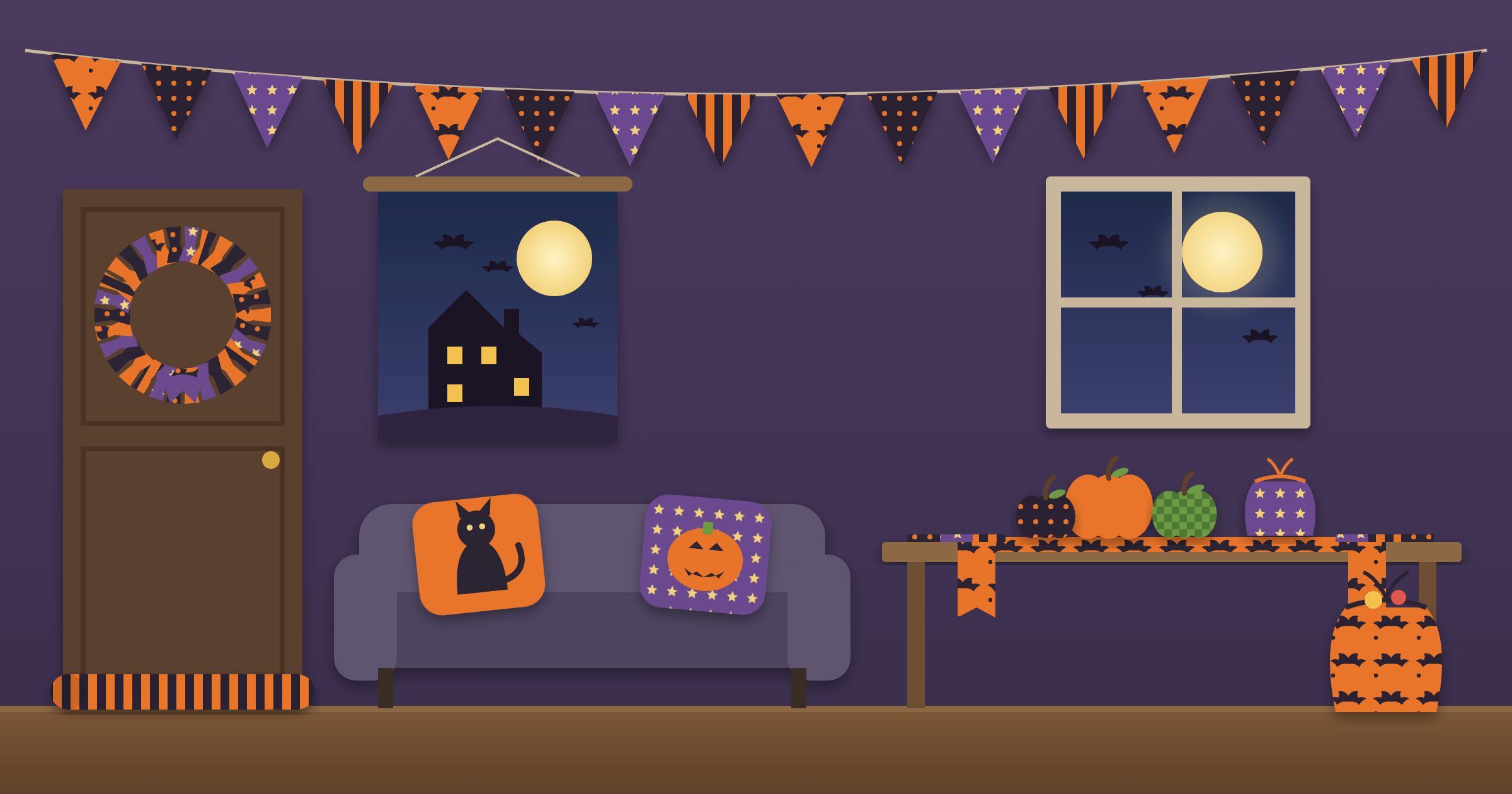 Cozy Halloween room decorated with fabric projects, including a knotted fabric wreath, bunting garland, cat and jack-o'-lantern pillows, a haunted house wall hanging, fabric pumpkins, a table runner, a trick-or-treat bag, and a striped draft stopper