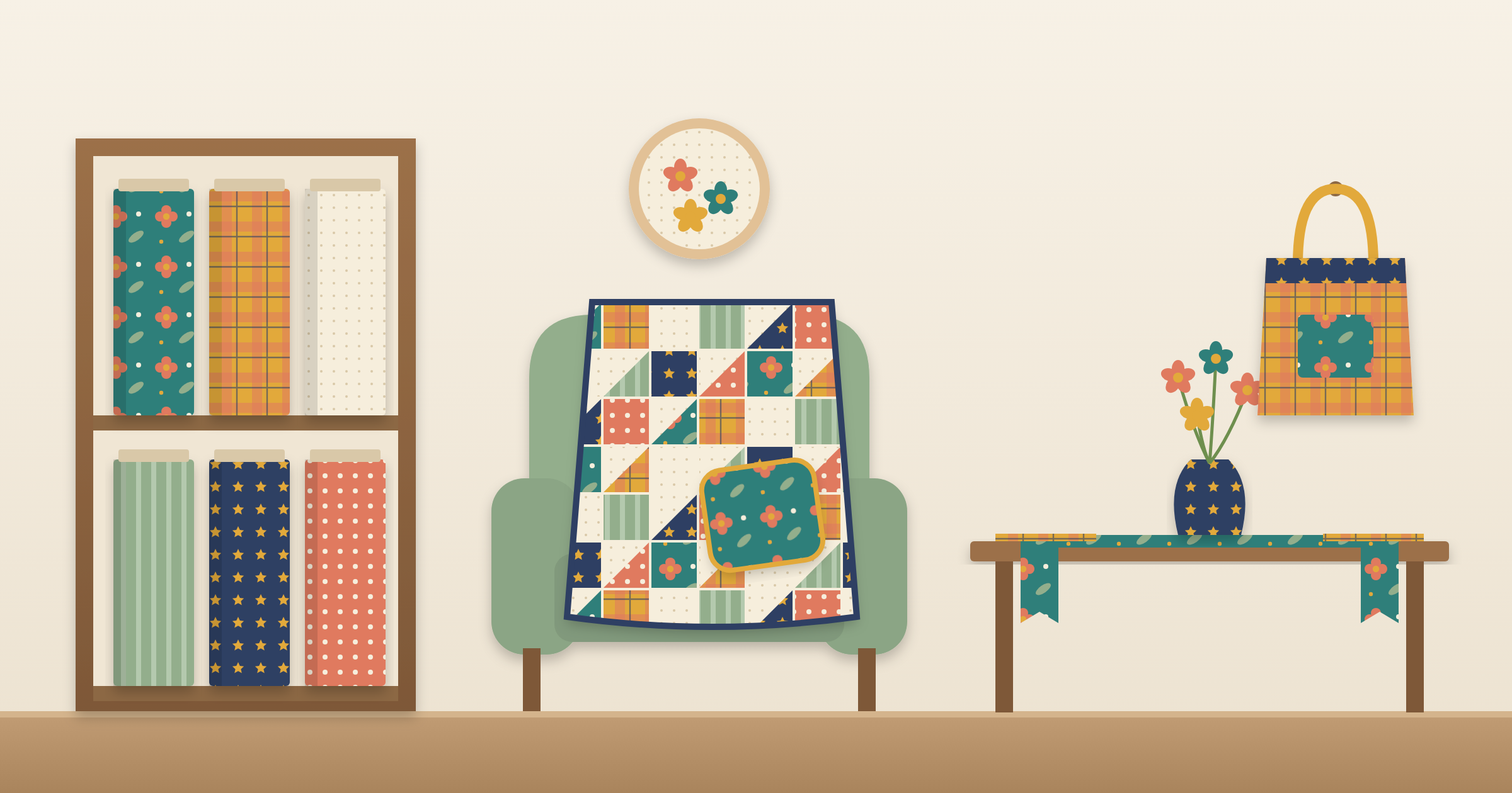Cozy room decorated with a coordinated quilting cotton collection in teal, mustard, coral, and navy, shown as fabric bolts on a shelf, a patchwork quilt on an armchair, a pillow, a table runner, and a tote bag