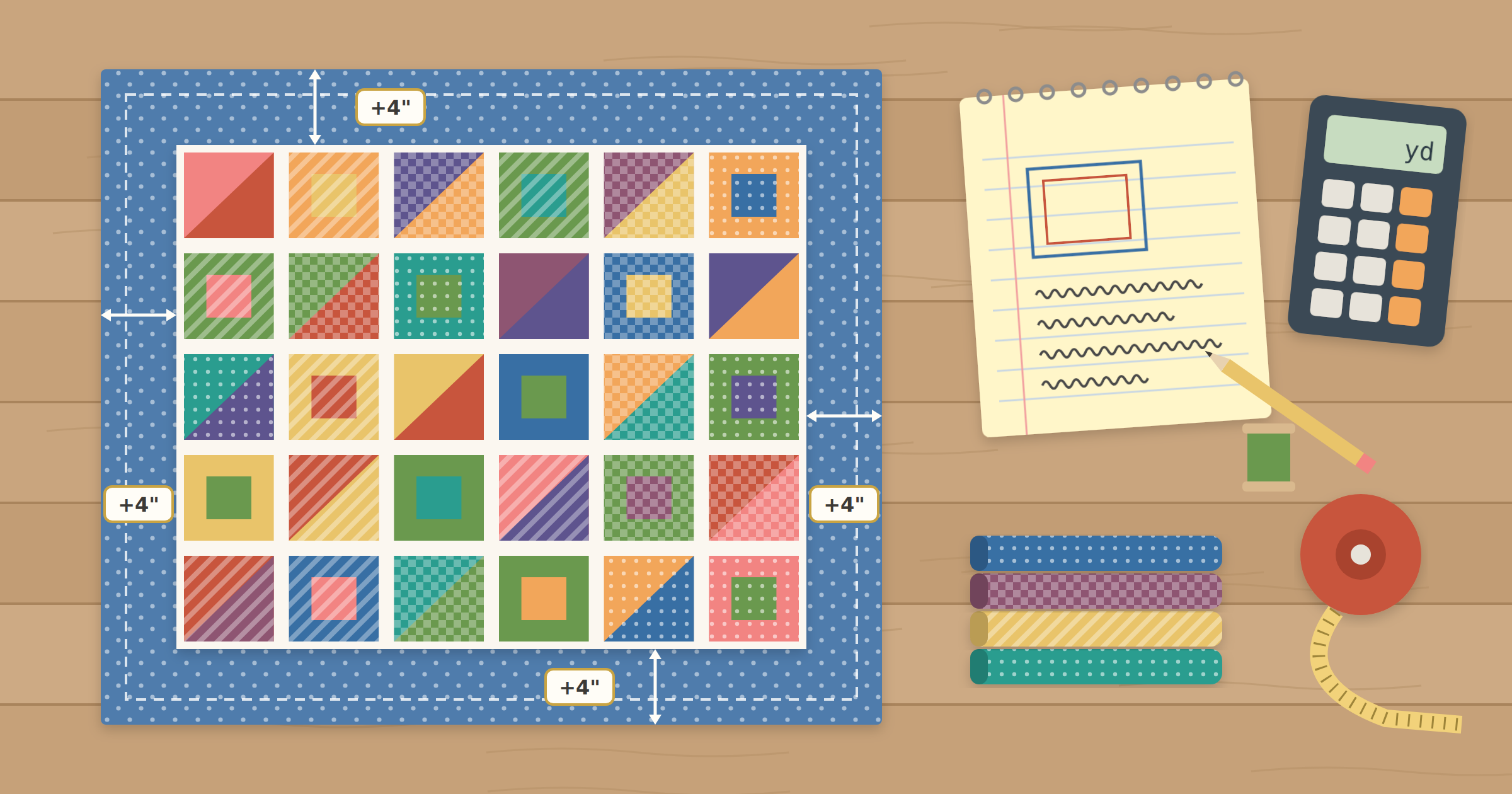 Overhead view of a pieced quilt top on a larger piece of backing fabric with 4 inches of extra backing marked on each side, next to a notepad, calculator, and tape measure
