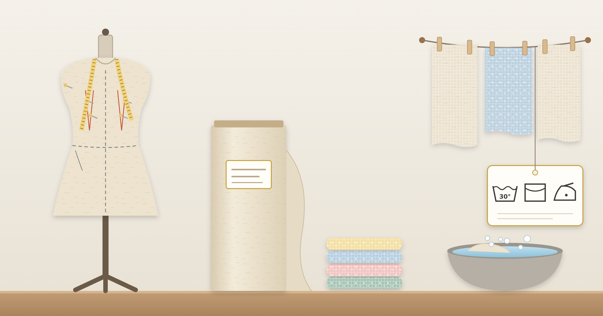 Muslin mockup on a dress form, a bolt of natural muslin, and folded muslin swaddles, next to muslin drying on a line with a care tag and a basin of water