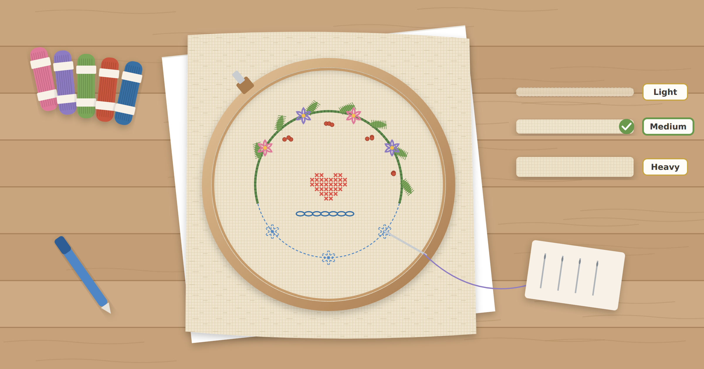 Natural muslin in an embroidery hoop with a floral wreath in stem stitch, satin stitch, lazy daisy, French knots, and cross stitch, beside light, medium, and heavy muslin swatches with medium marked as best