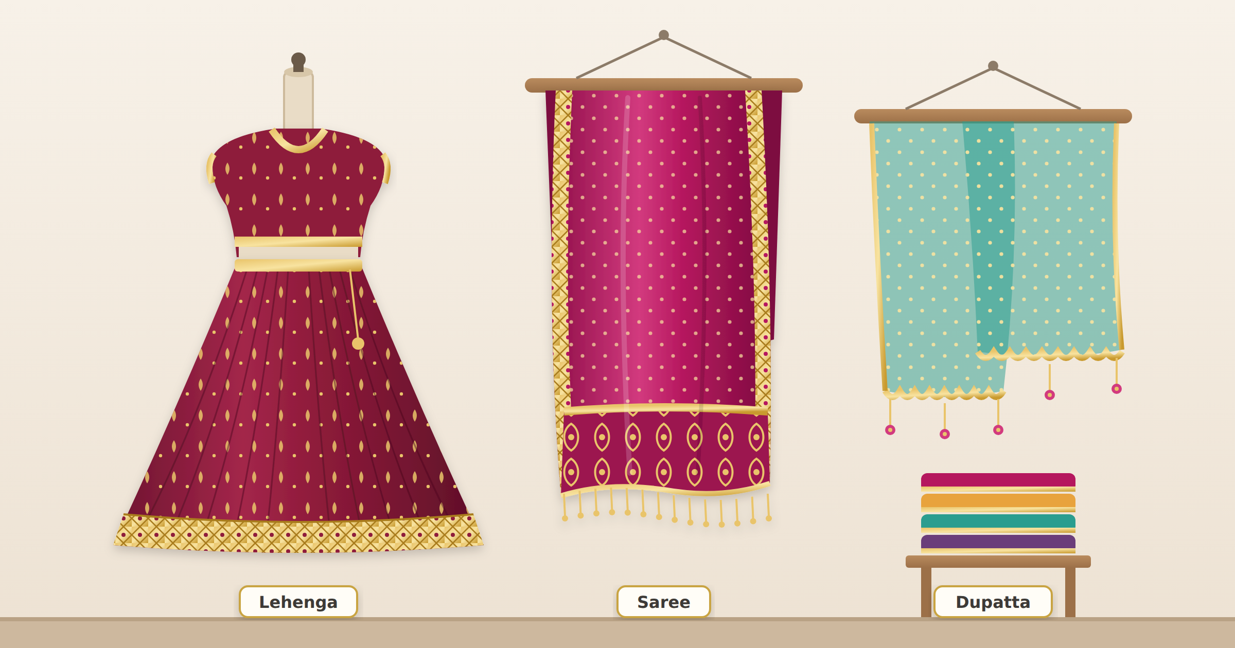 Deep red lehenga with gold embroidery on a dress form, a magenta silk saree with zari border and decorated pallu, and a sheer teal dupatta with gota trim and tassels, displayed side by side with folded silk fabrics