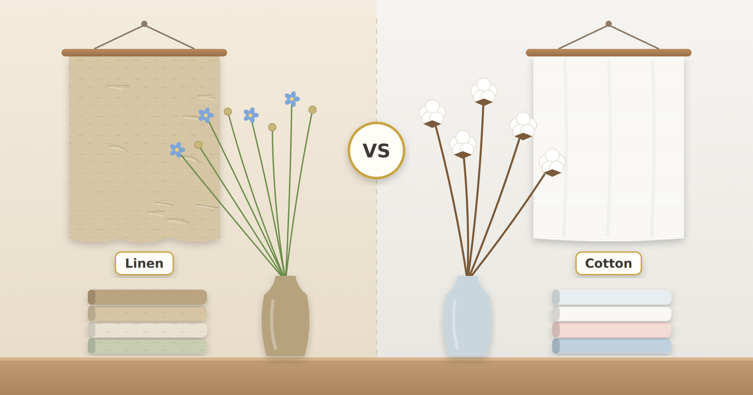 Linen and cotton compared side by side, with a textured linen swatch and flax flowers on one side and a smooth cotton swatch and cotton bolls on the other