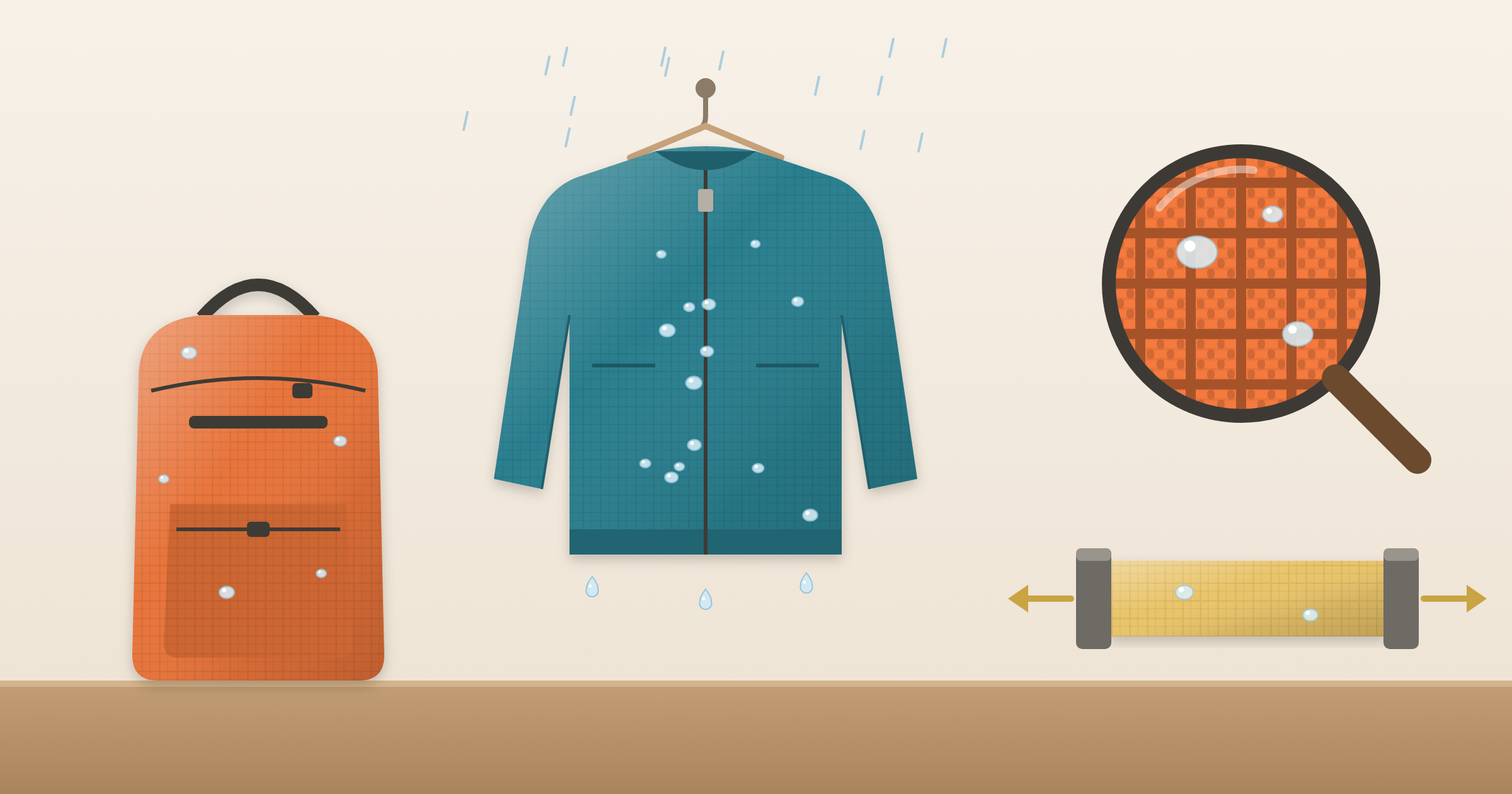 Nylon backpack and windbreaker beading water in the rain, with a close-up of ripstop nylon weave and a nylon swatch being pulled to show its strength