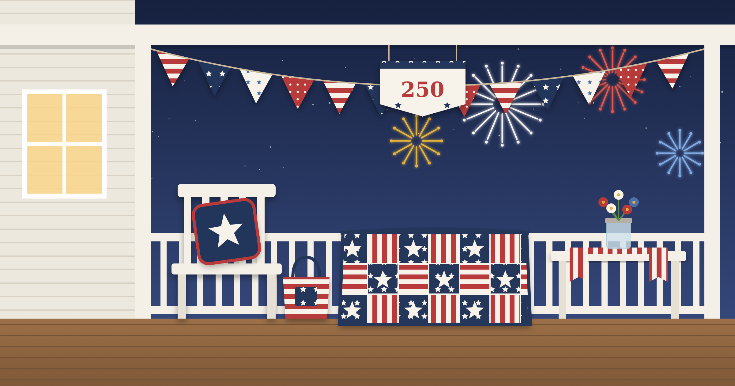 Front porch decorated for the Fourth of July with handmade patriotic fabric projects, including a star and stripe quilt on the railing, bunting, a star pillow, a striped tote bag, a table runner, and a 250 banner under fireworks