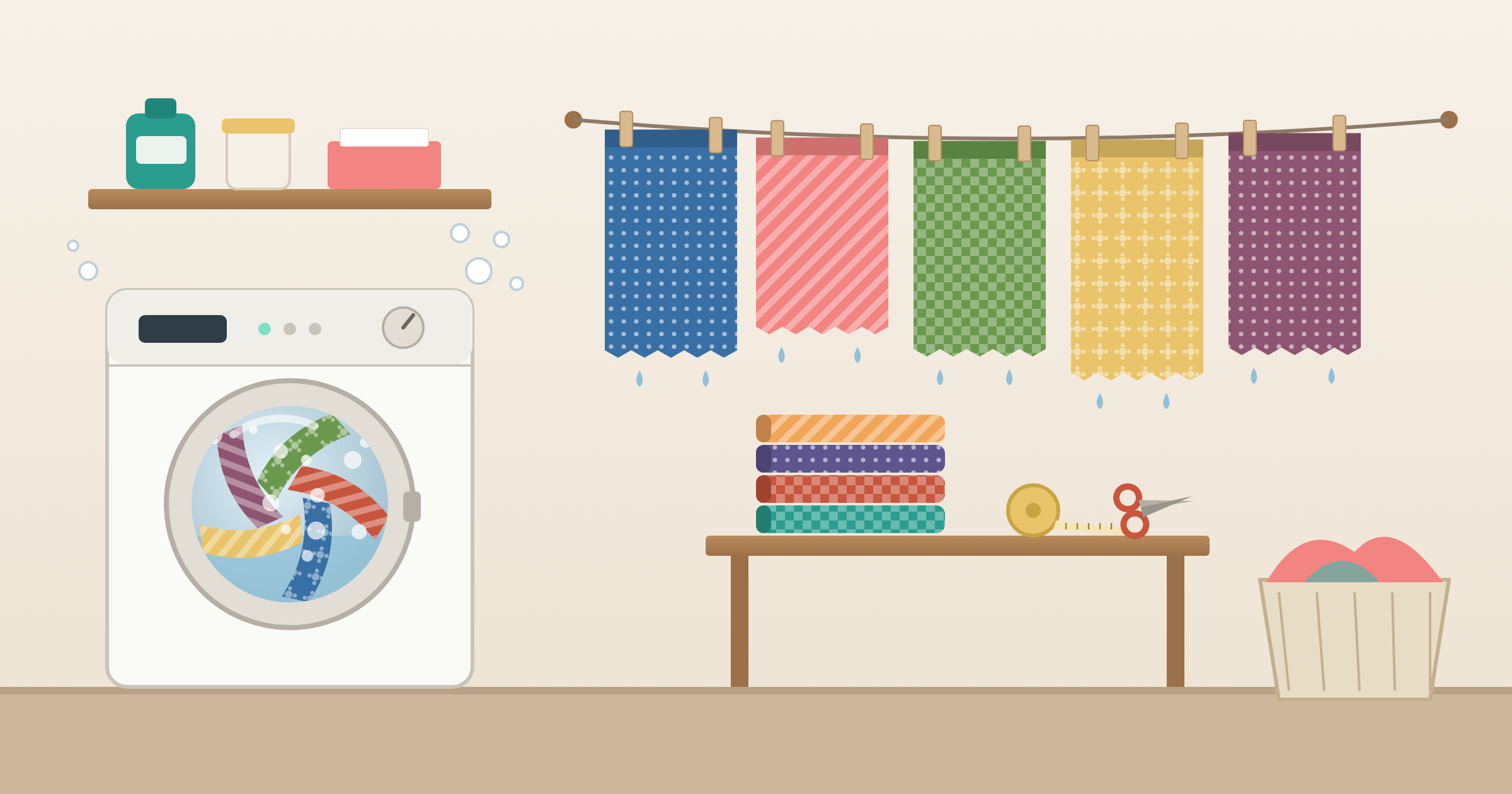 Quilting cotton fabric being pre-washed in a front load washer, with freshly washed fabric pieces with pinked edges drying on a clothesline above a stack of folded fabric