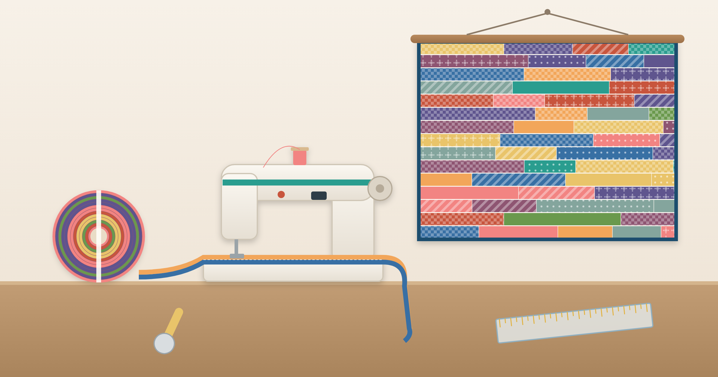 Roll of 2.5 inch fabric strips feeding into a sewing machine, with a finished strip quilt hanging on the wall behind it