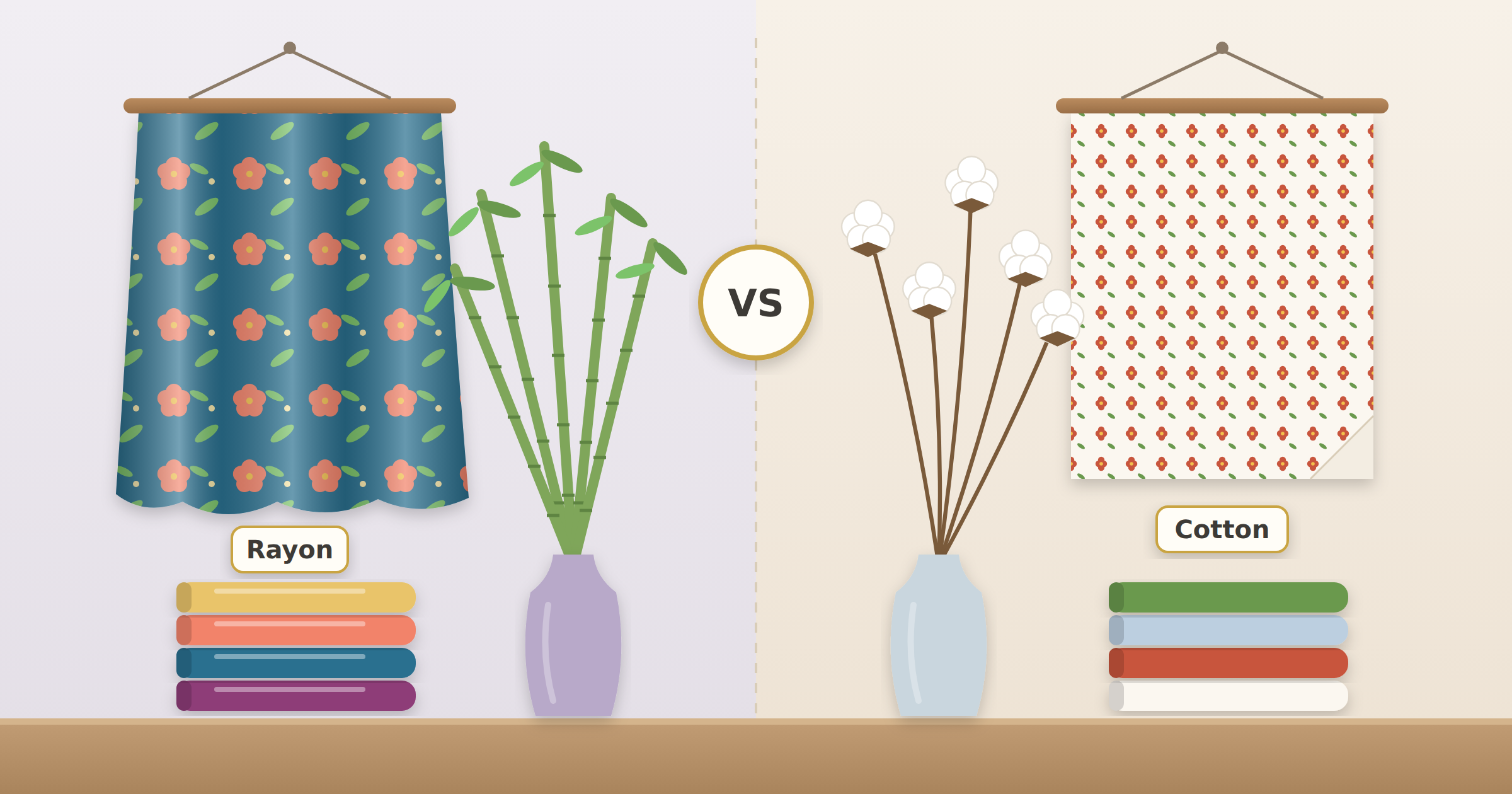 Rayon and cotton compared side by side, with a silky draping rayon print and bamboo stalks for its wood pulp origin on one side, and a crisp cotton print with cotton bolls on the other