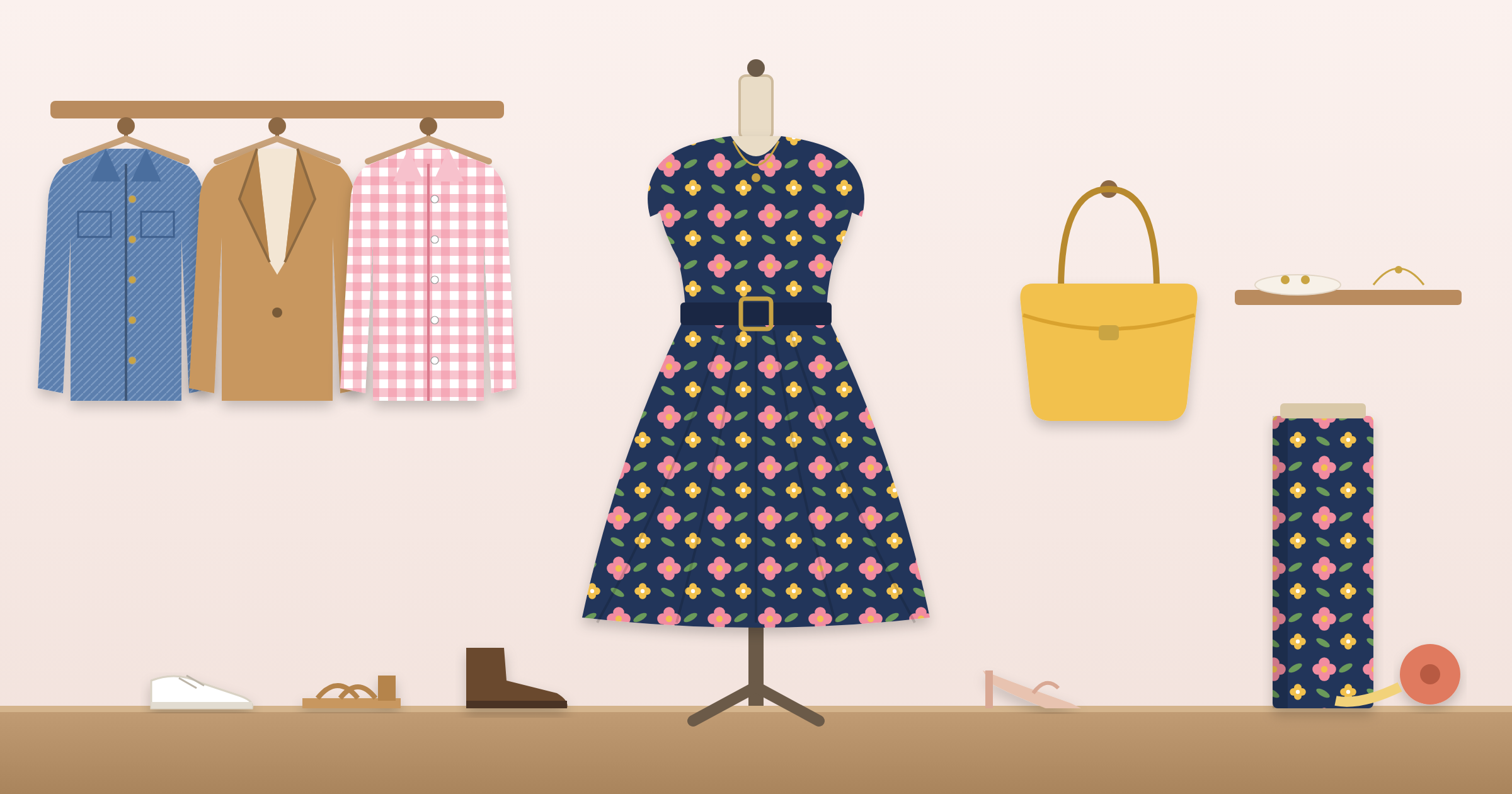 Navy floral dress with a solid belt on a dress form, surrounded by styling pieces including a denim jacket, camel blazer, gingham overshirt, yellow handbag, simple jewelry, four pairs of shoes, and a bolt of matching floral fabric
