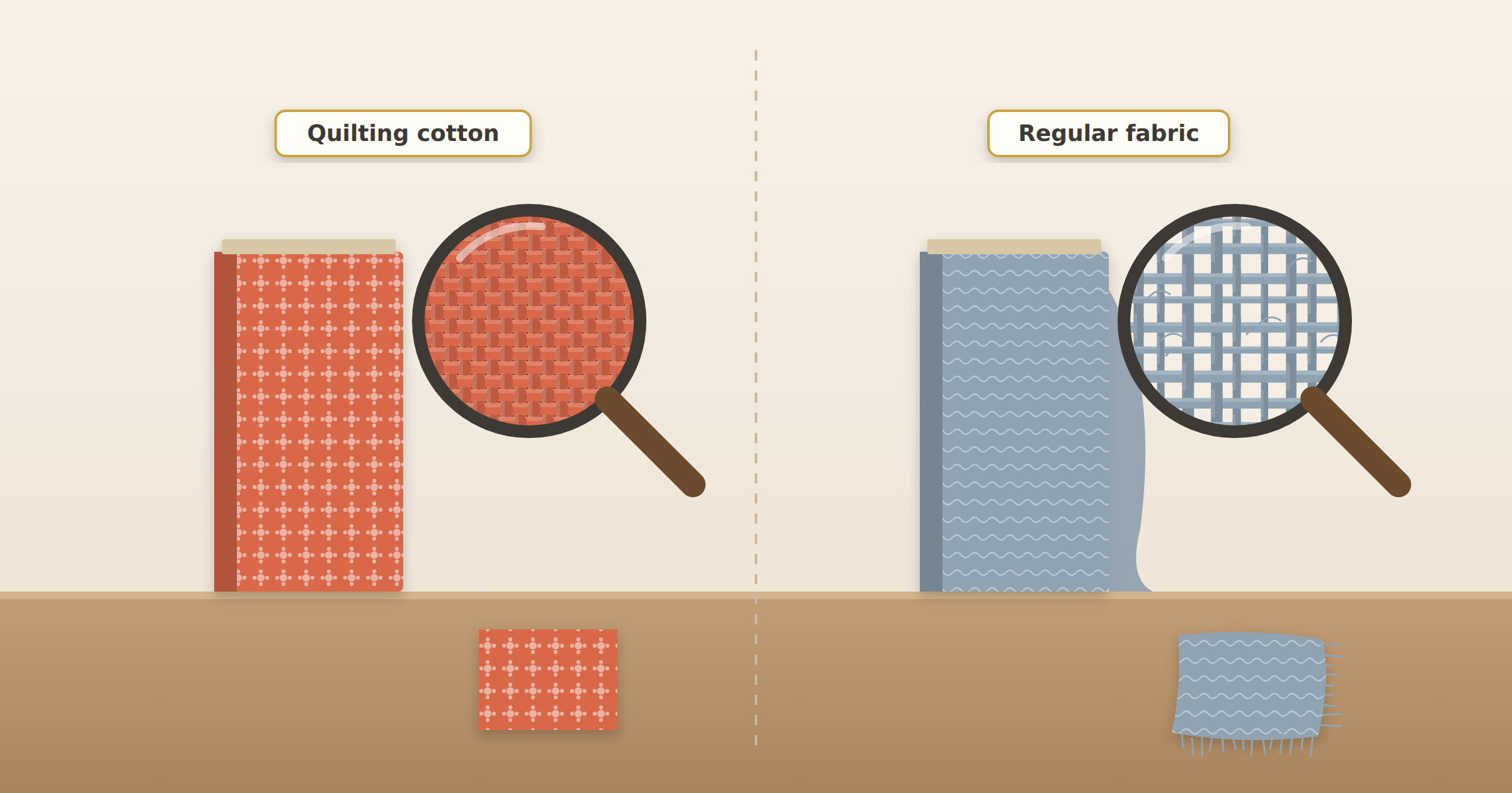 Quilting cotton with a tight even weave and crisp cut edges compared to regular fabric with a looser weave and fraying edges, shown under magnifying glasses