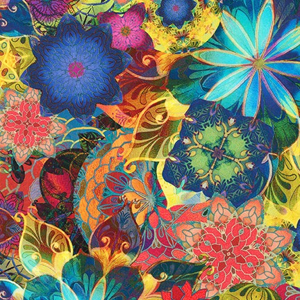 Venice Florals Multi fabric by Christiane Marques for Robert Kaufman featuring vibrant digitally printed flowers in brilliant shades of blue, teal, coral, pink, gold, and green with artistic layered textures, perfect for quilting and sewing projects.