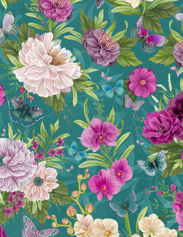 Midnight Garden Large Floral Teal cotton fabric by Danielle Leone – jewelled-tone blooms on teal background, 43″ wide