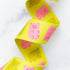 Gummy Bears Citron 1.5-inch polyester webbing by Kimberly Kight featuring pink and olive green gummy bear motifs on a bright citron yellow background.