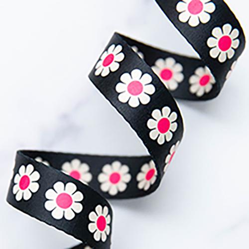 black daisy floral webbing with hot pink centers for bag straps
