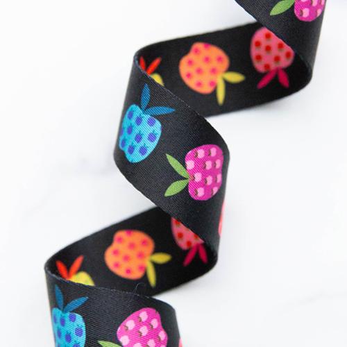 black webbing with colorful rainbow apple print for bag straps
