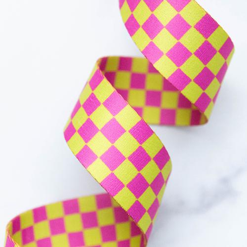 Checker in Citron 1.5-inch polyester webbing by Alexia Marcelle Abegg featuring a vivid citron yellow and hot pink checkerboard pattern.