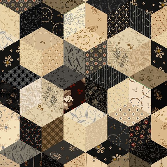 Black Sheep Cottons Star Block Multi 108-inch wide backing fabric by Pam Buda for Marcus Fabrics featuring a reproduction-style patchwork of interconnected star blocks and geometric prints in black, cream, taupe, and charcoal.