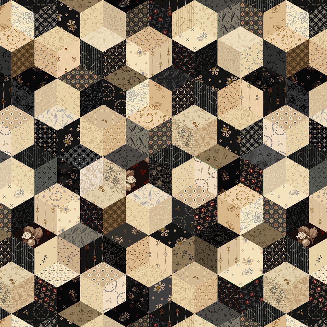 Black Sheep Cottons Star Block Multi 108-inch wide backing fabric by Pam Buda for Marcus Fabrics featuring a reproduction-style patchwork of interconnected star blocks and geometric prints in black, cream, taupe, and charcoal.