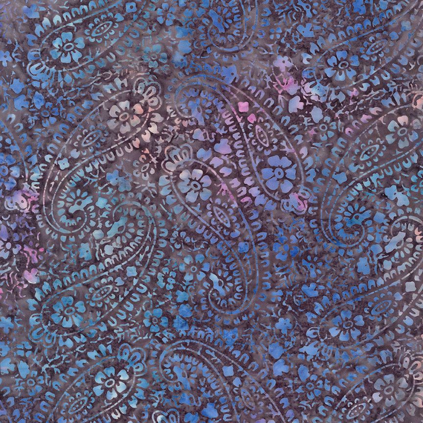 Blue and lavender floral paisley batik fabric with intricate botanical motifs by Wing and A Prayer Design for Timeless Treasures.