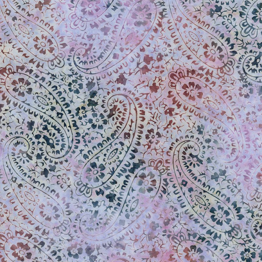 Lavender and pink floral paisley batik fabric featuring delicate botanical motifs by Wing and A Prayer Design for Timeless Treasures.