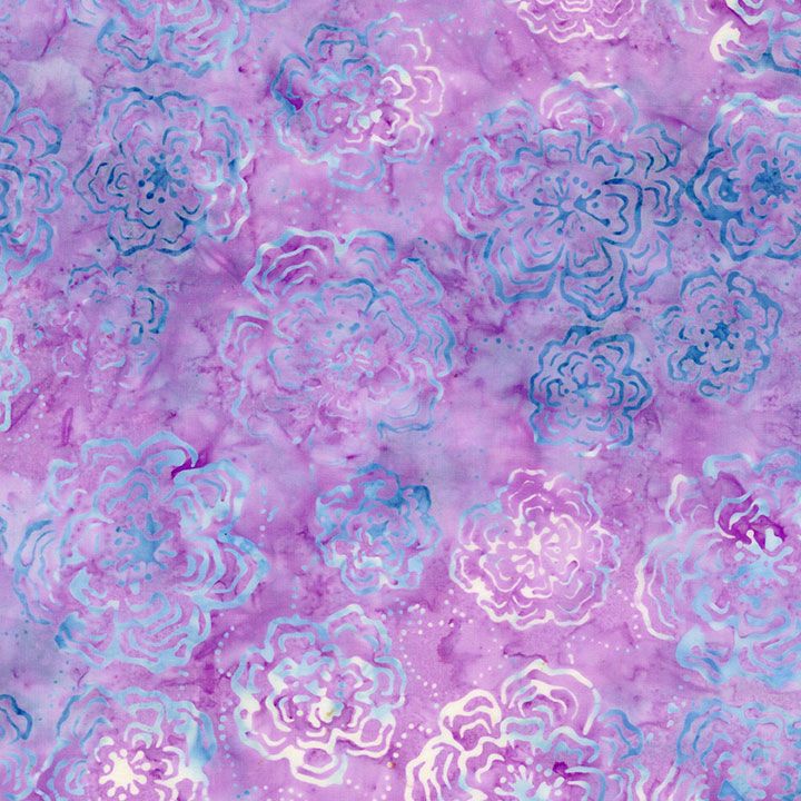 Purple and blue hydrangea floral Tonga batik fabric with soft watercolor texture