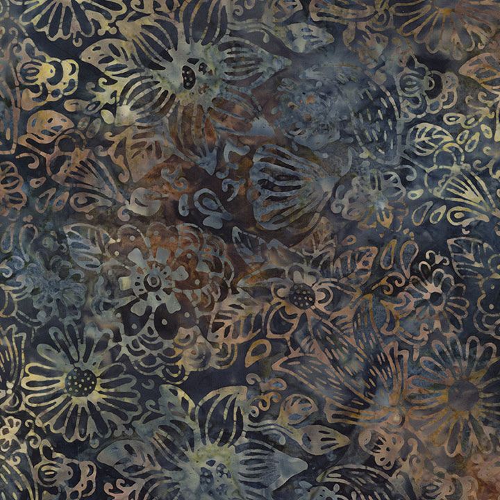 Blue and taupe floral batik fabric featuring artistic flowers and botanical motifs from the Tonga Spring Floral collection by Timeless Treasures.