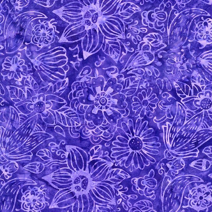 Purple floral batik fabric featuring detailed botanical flowers and leaves from the Tonga Spring Floral collection by Timeless Treasures.