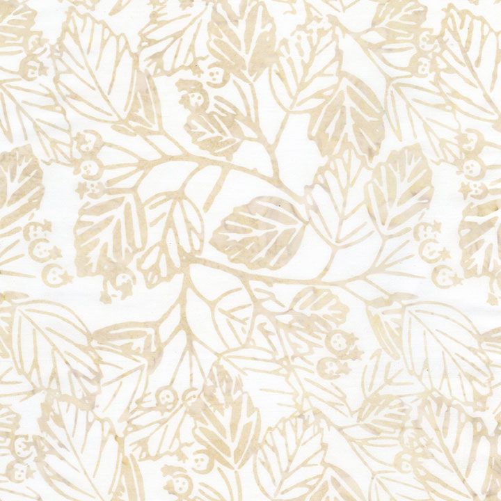 Cream and almond batik fabric featuring delicate branches, leaves, and berry motifs from the Tonga Batik collection by Timeless Treasures.