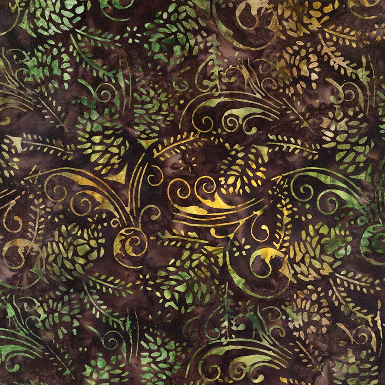 Tonga Pine Cone Forest batik fabric featuring pine cones, leafy vines, and botanical motifs in forest green, olive, and brown