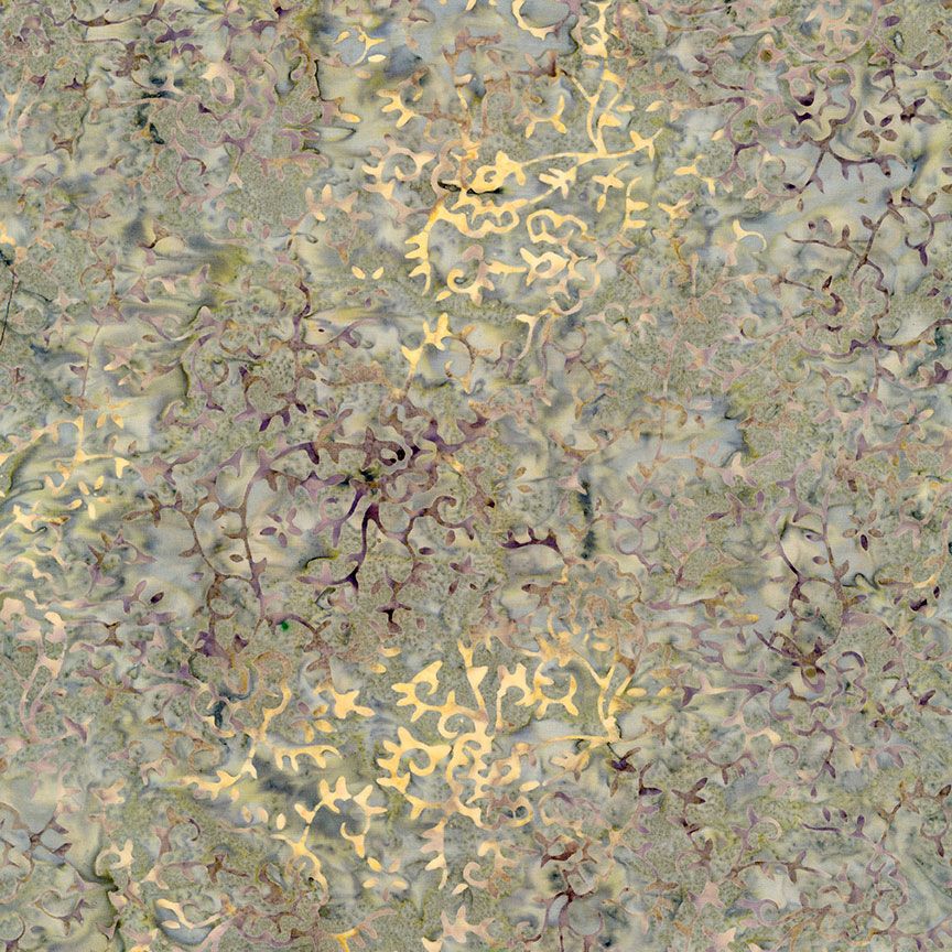 Sage green Tonga batik fabric with delicate sprig and vine pattern on cotton
