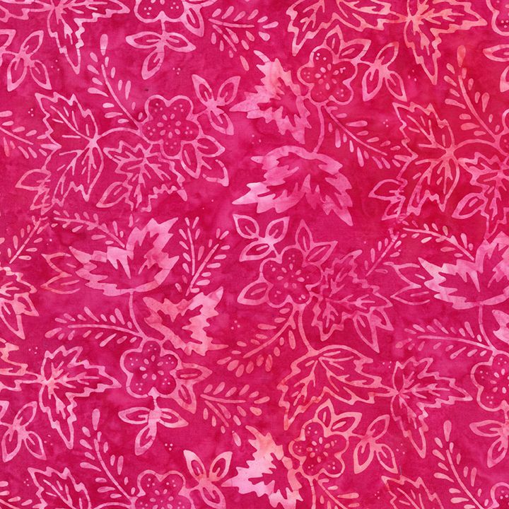 Bright peony pink batik fabric featuring floral blossoms, leaves, and botanical motifs from the Tonga Flower Power collection by Timeless Treasures.