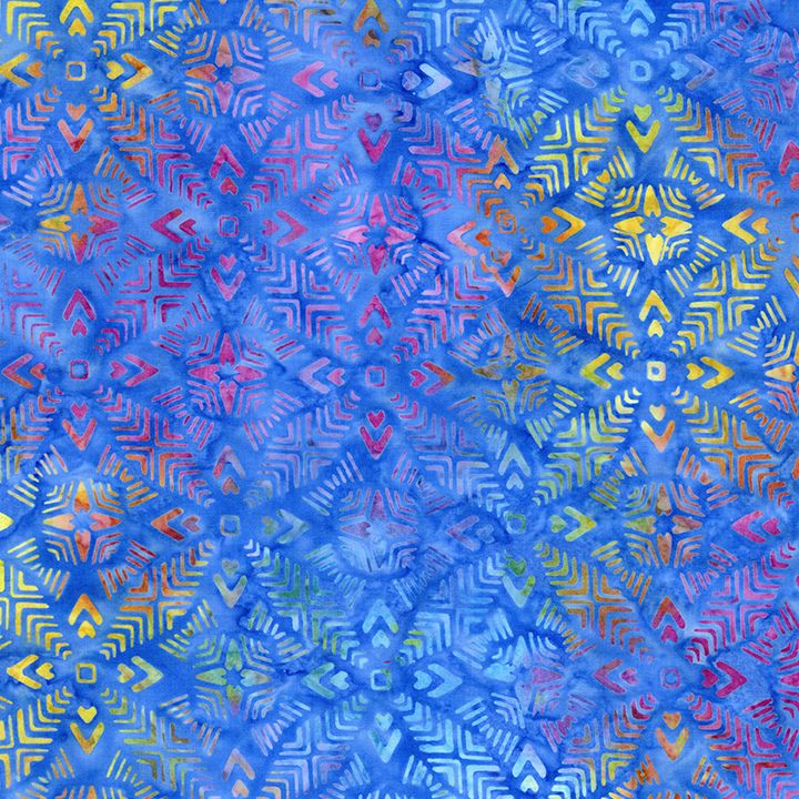 Ocean blue batik fabric featuring colorful geometric star and tribal-inspired motifs from the Tonga Geo Stars collection by Timeless Treasures.