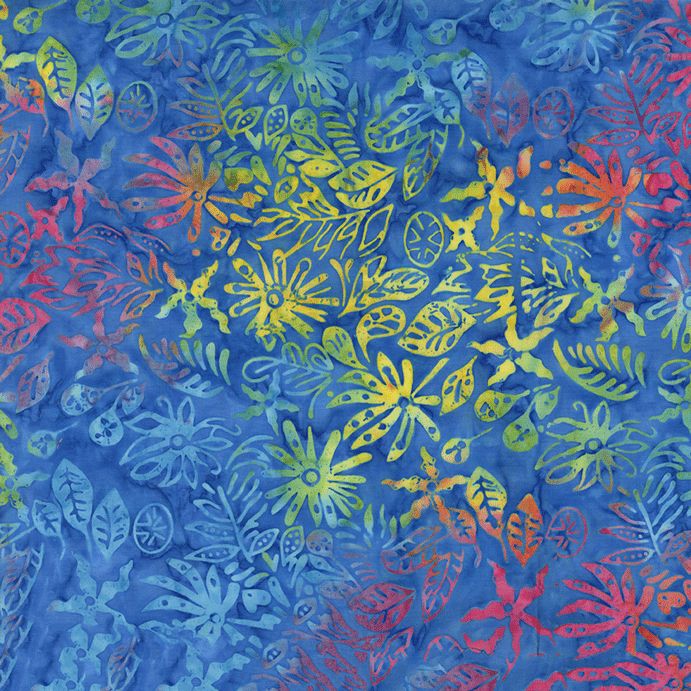 106-inch Xtonga Tropical Electric batik backing fabric featuring colorful tropical flowers and leafy botanical motifs on an electric blue background
