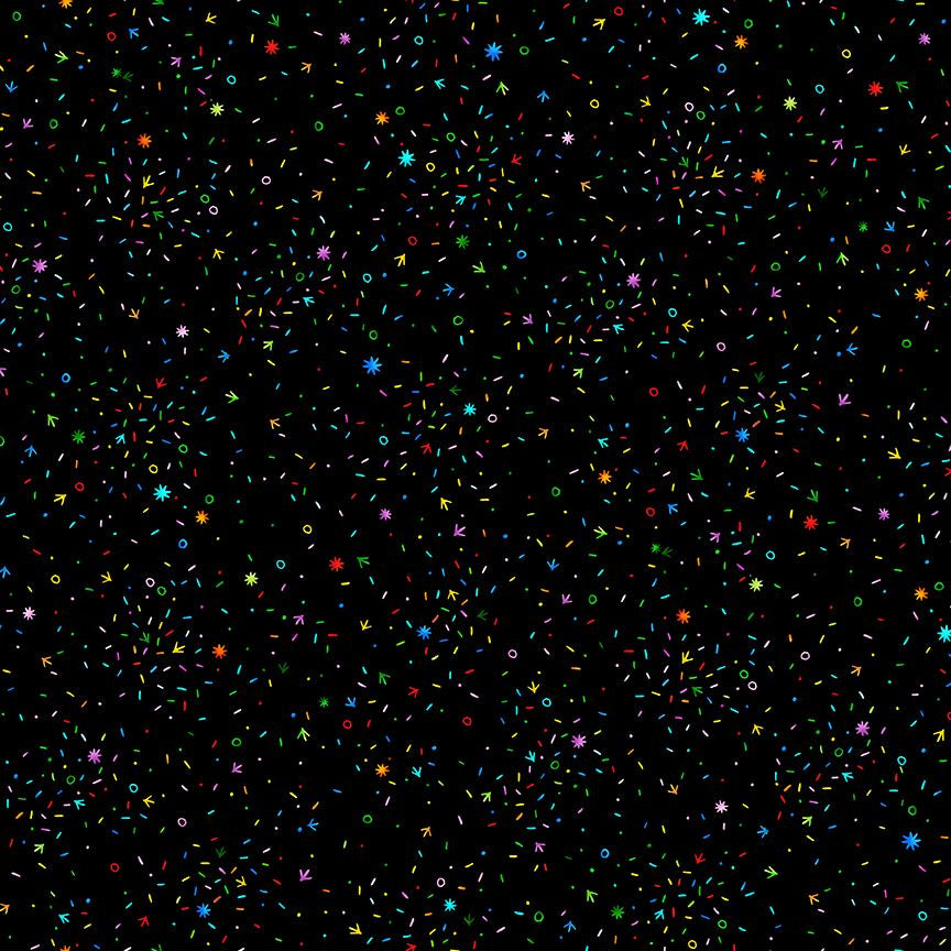 Chicken Scratch Confetti fabric by Timeless Treasures featuring colorful rainbow sprinkles, stars and dots on a black background quilting cotton