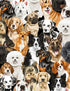 Packed Realistic Dogs fabric by George McCartney for Timeless Treasures featuring Golden Retrievers, German Shepherds, Dalmatians, Border Collies, Pugs, Bulldogs, Dachshunds, Poodles, Beagles, and other popular dog breeds in realistic portrait style on a black background.