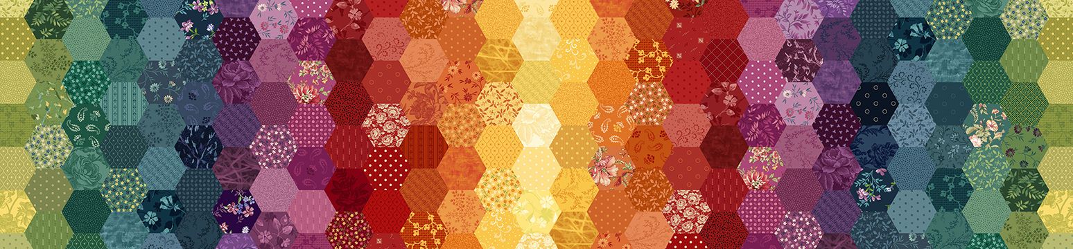 Patrick's Promise Hexagon Multi quilting cotton fabric by Christine Schulte for Marcus Fabrics featuring colorful patchwork-style hexagons with coordinating floral and geometric prints.