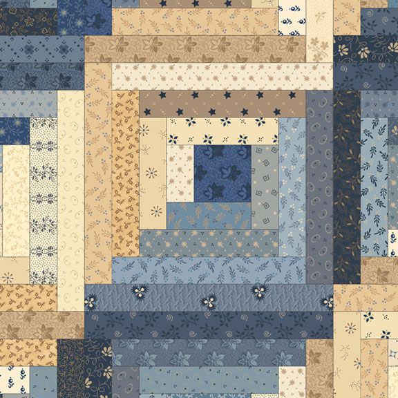 printed log cabin quilt block blue cream cotton fabric by Pam Buda for Marcus Fabrics