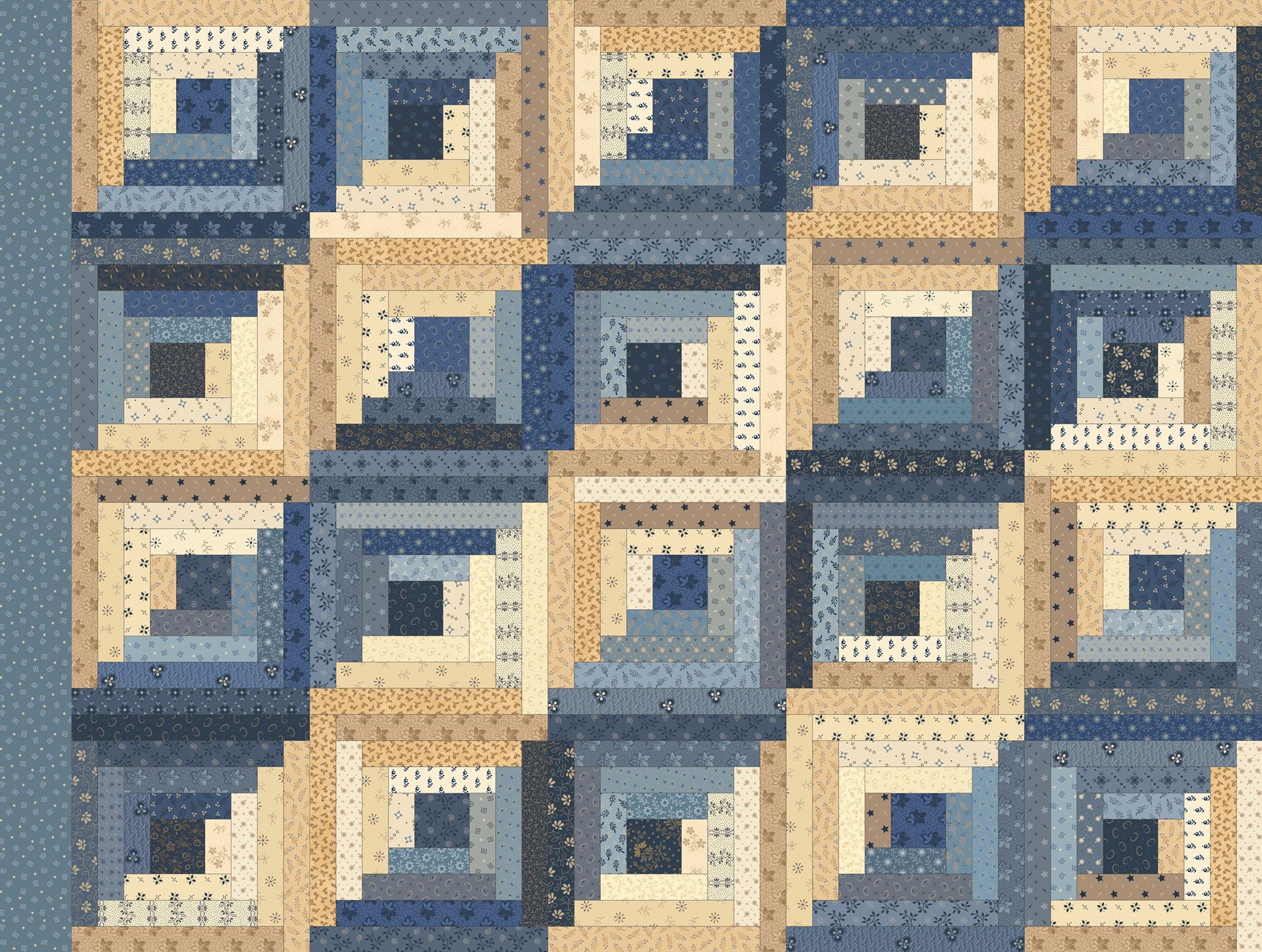 printed log cabin quilt block blue cream cotton fabric by Pam Buda for Marcus Fabrics