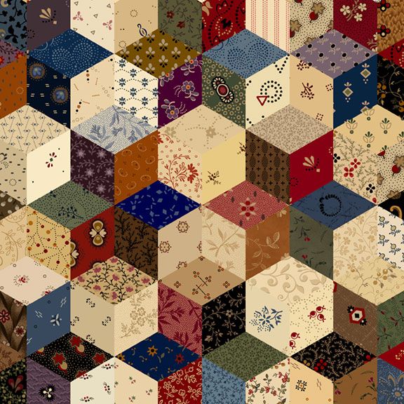 primitive hexagon patchwork cotton fabric by Pam Buda for Marcus Fabrics