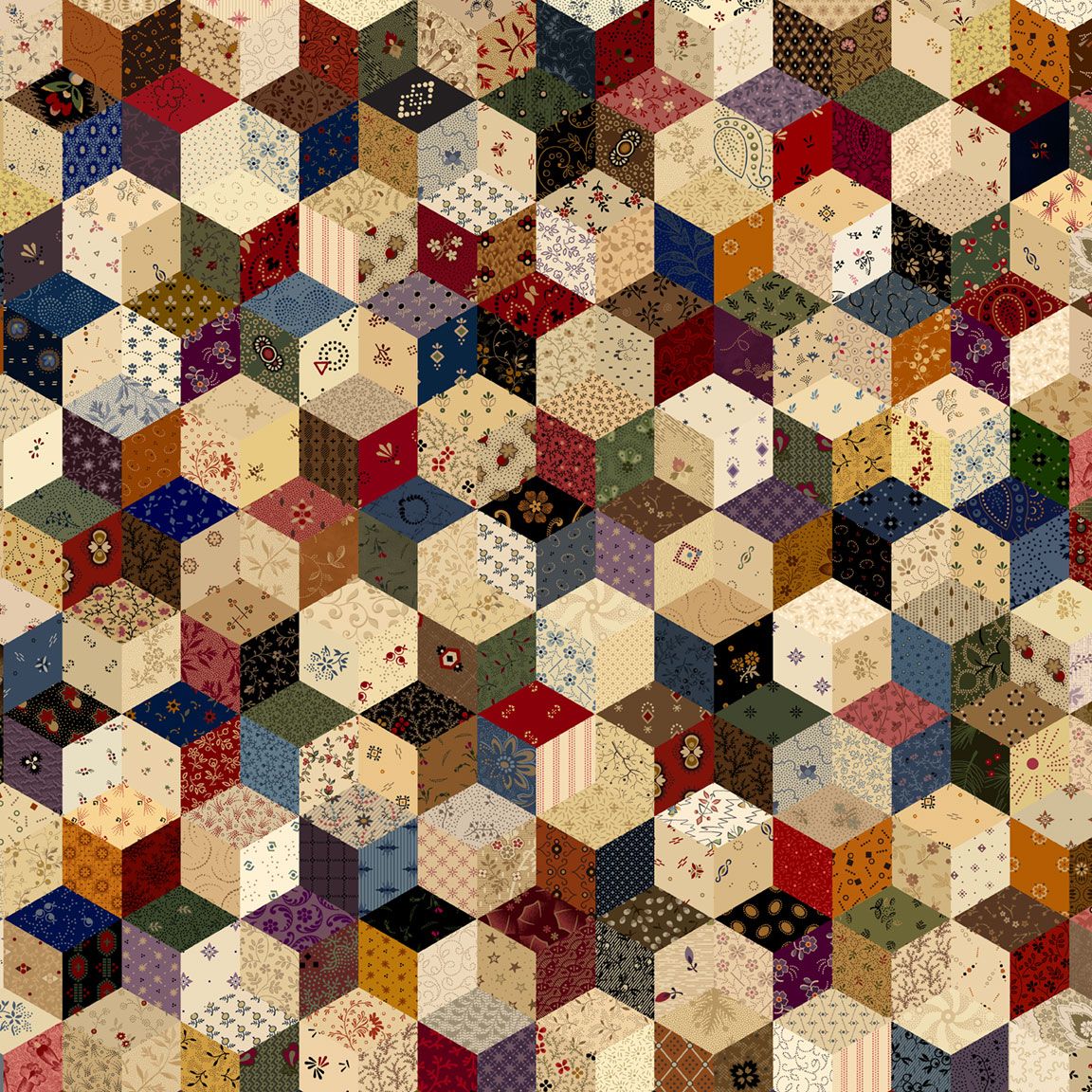 primitive hexagon patchwork cotton fabric by Pam Buda for Marcus Fabrics