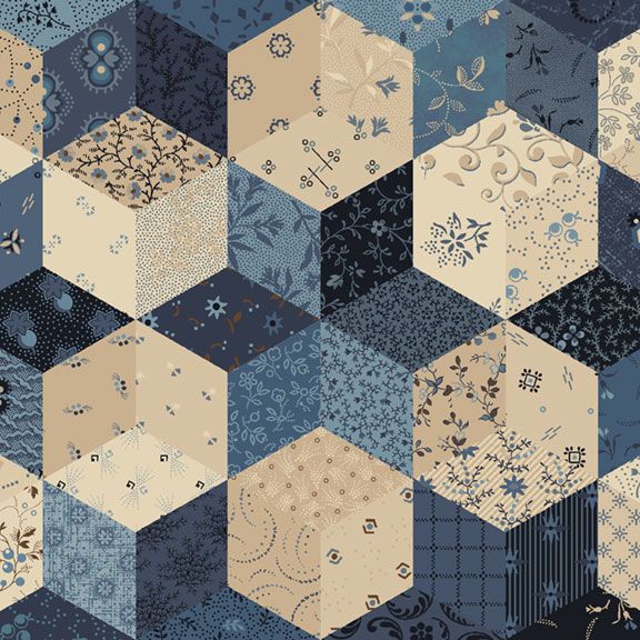 Pam's Stars Blue quilting cotton fabric by Pam Buda for Marcus Fabrics featuring patchwork-style hexagons filled with vintage blue, navy, and cream reproduction prints.