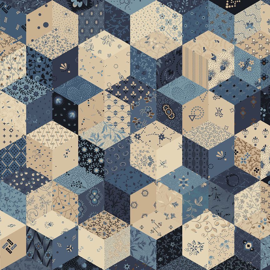 Pam's Stars Blue quilting cotton fabric by Pam Buda for Marcus Fabrics featuring patchwork-style hexagons filled with vintage blue, navy, and cream reproduction prints.