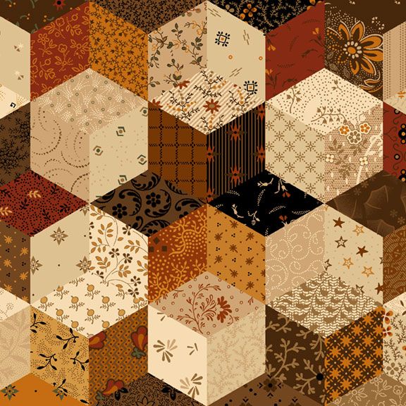 primitive cheddar hexagon patchwork cotton fabric by Pam Buda for Marcus Fabrics